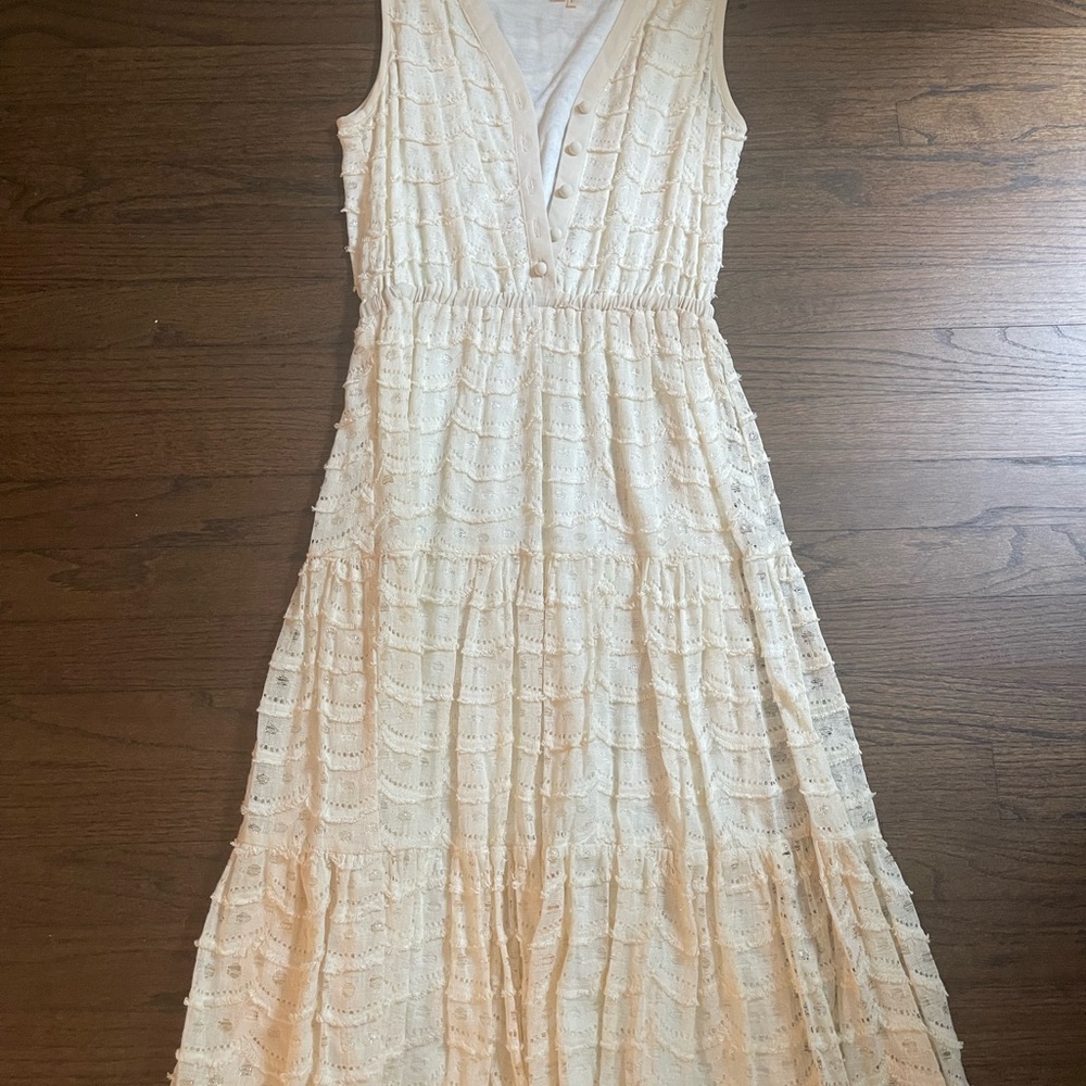 Meadow Rue Cream Pleated Tiered Maxi Dress
